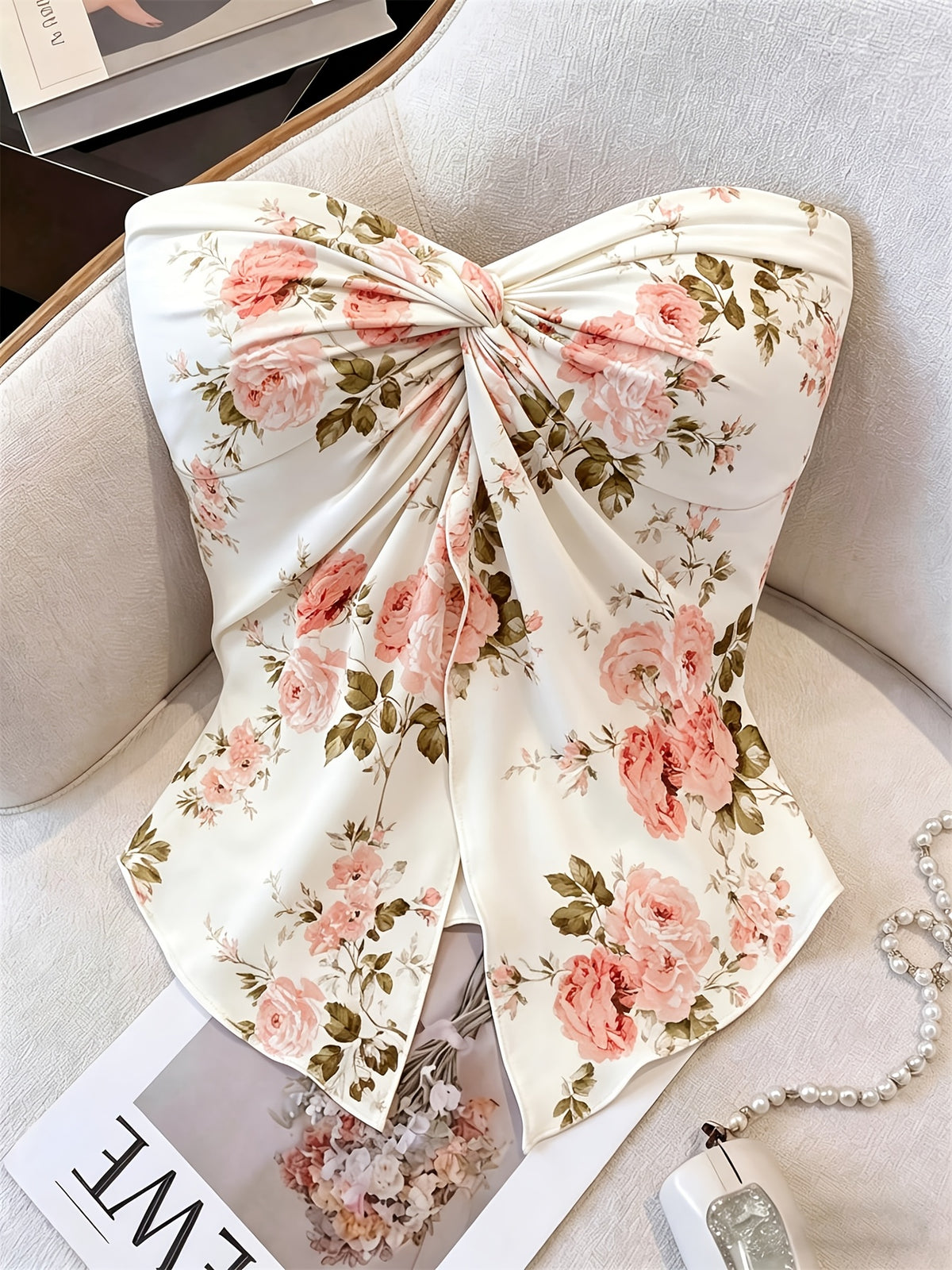 Women's New Vintage Fashion Casual Elegant French-Style Romantic Twist Knot Design Bandeau Vacation Top - Pink White