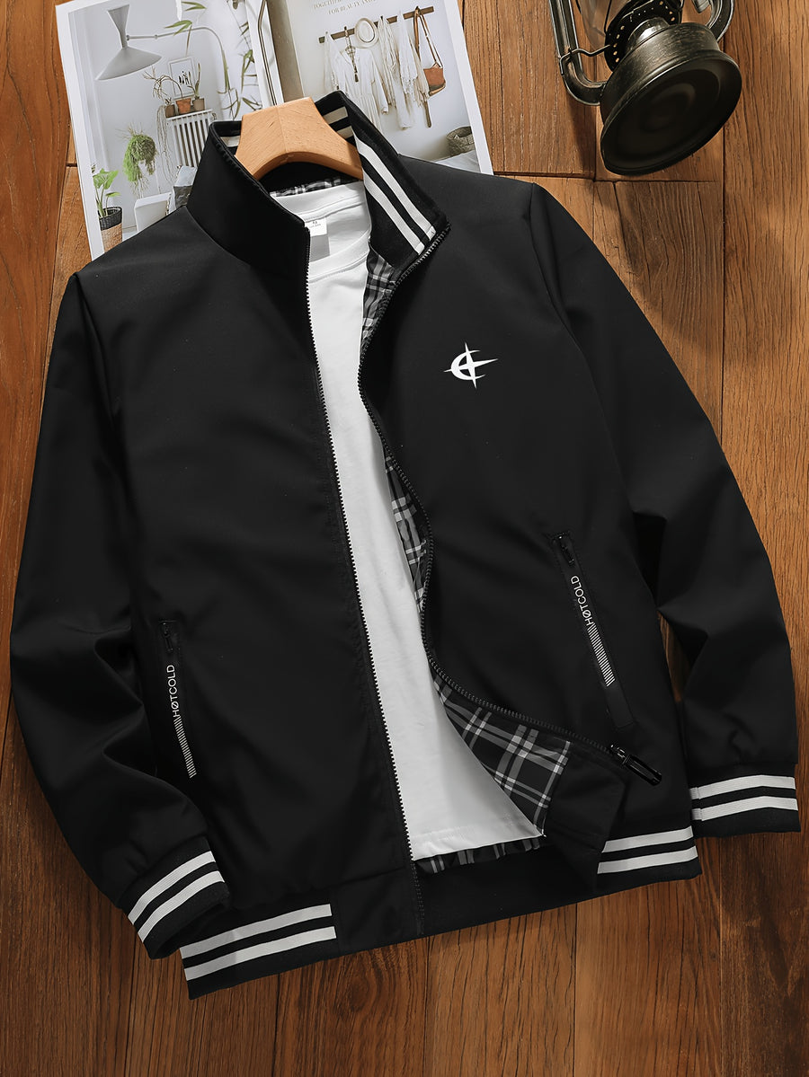 Men's Workwear Jacket with Stand Collar & Zipper Front - Zipper Pocket Suitable for Spring/Autumn, Loose Fit Casual Outerwear, Stand Collar Jacket with Ribbed Hem for or Casual Attire (No Stretch, Solid Color) - Black