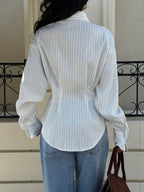 Women's Fine Pinstripe Lapel Collar Shirt with a Bow Tie and Long Sleeves, Ideal for Workplace Settings or Formal Everyday Wear—long Sleeve Shirt, Striped Shirt, Vintage-style Shirt, Lapel Top, White Top, White Shirt - White