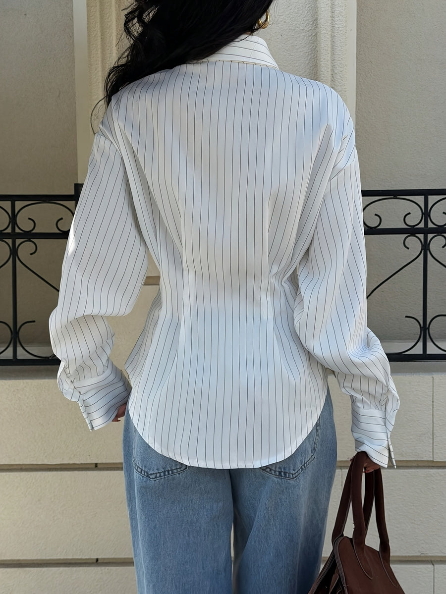 Women's Fine Pinstripe Lapel Collar Shirt with a Bow Tie and Long Sleeves, Ideal for Workplace Settings or Formal Everyday Wear—long Sleeve Shirt, Striped Shirt, Vintage-style Shirt, Lapel Top, White Top, White Shirt - White