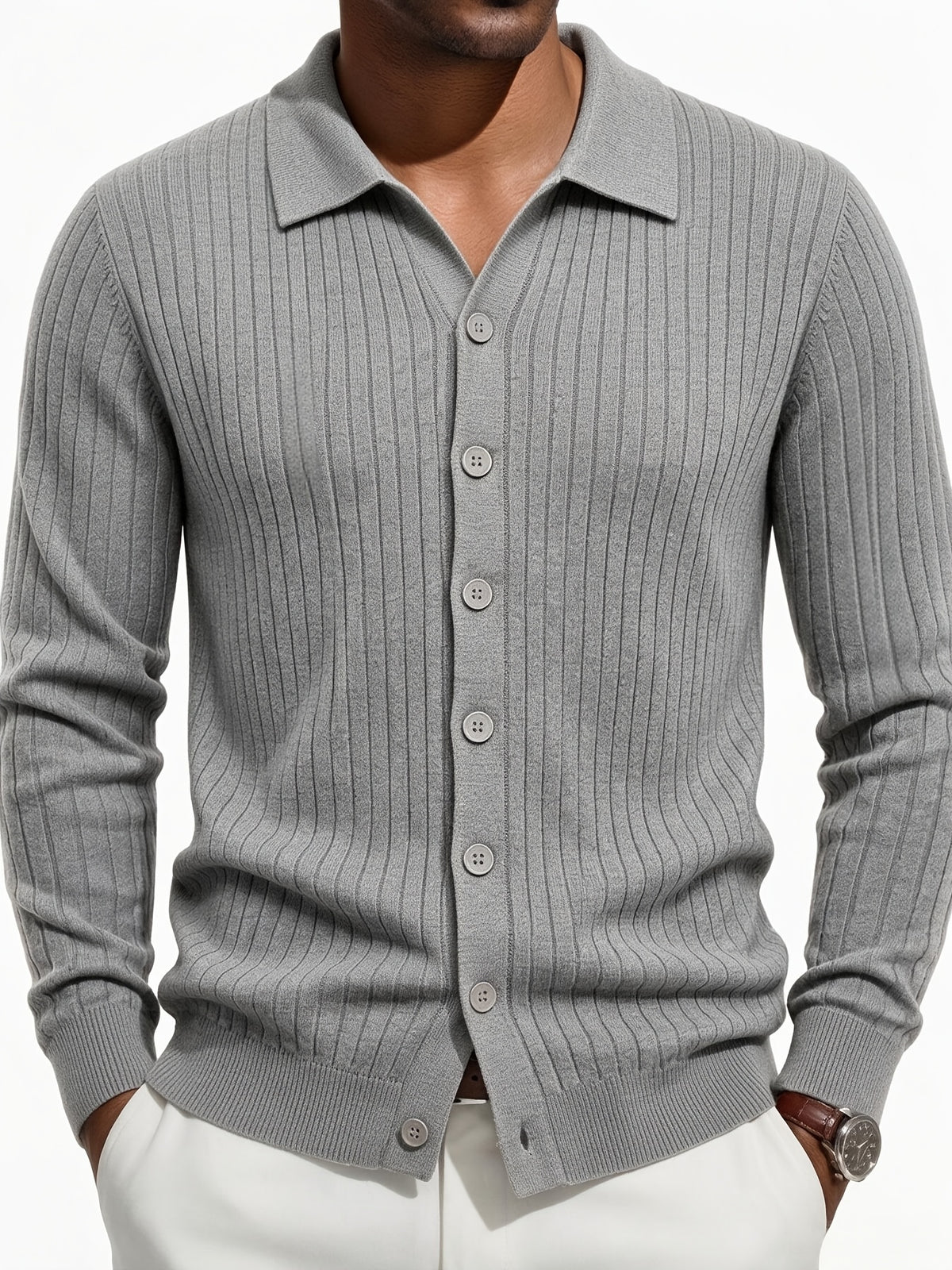 Men's Vertical Striped Knit Cardigan, Lapel Polo Collar Button Long Sleeve Slim Fit Knitted Sweater Jacket for Fall Winter Casual Outwear - Flecking Gray