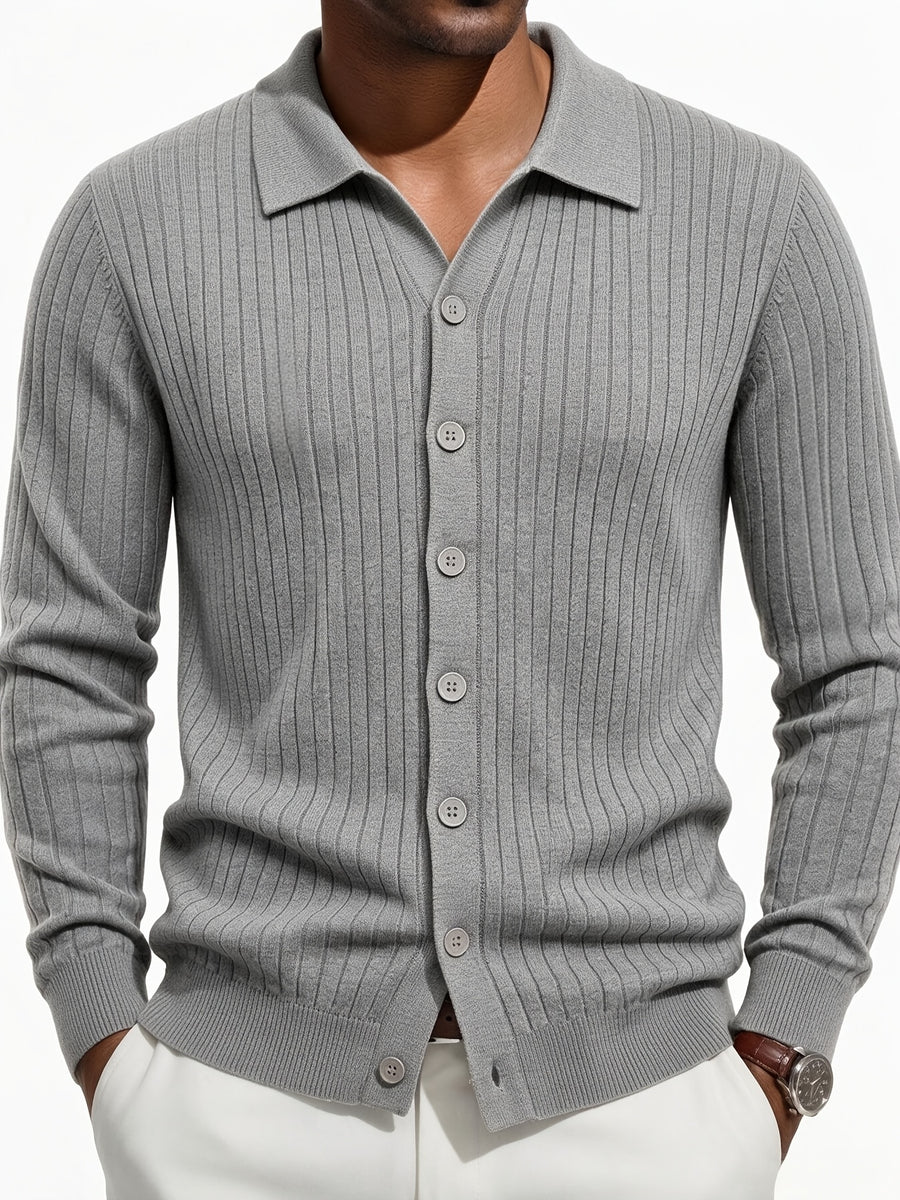 Men's Vertical Striped Knit Cardigan, Lapel Polo Collar Button Long Sleeve Slim Fit Knitted Sweater Jacket for Fall Winter Casual Outwear - Flecking Gray