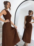 Women's Brown Polka Dot Round Neck Sleeveless Backless Cut-Out Tie-Up Slim Fit Elegant Vintage Sexy Dress - Coffee Brown