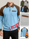 [Star Prosperity OBM] 5pcs Men'S Autumn Winter Light Luxury New Breathable Comfortable Textured Ribbed Polo Shirt with Stand Collar And Half-Zip Design, Men'S Suit Collar Patchwork Zipper Design Shirt Jacket, Shoulder Ribbed Design Sweatshirt - Mixed colors