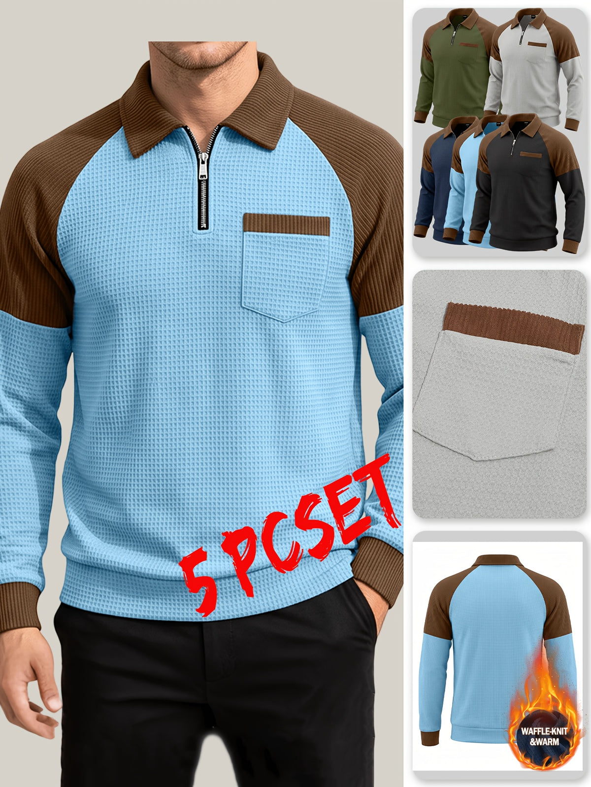 [Star Prosperity OBM] 5pcs Men'S Autumn Winter Light Luxury New Breathable Comfortable Textured Ribbed Polo Shirt with Stand Collar And Half-Zip Design, Men'S Suit Collar Patchwork Zipper Design Shirt Jacket, Shoulder Ribbed Design Sweatshirt - Mixed colors