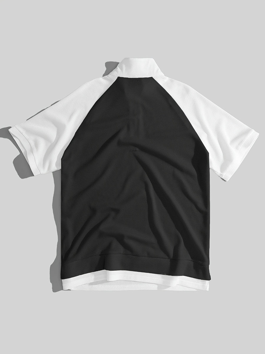 Men's New Summer Waffle Knit POLO Shirt, Casual Loose Fit Breathable Short Sleeve Zipper Half-Open Placket Color Block Patchwork Top with Raglan Sleeves, 2-in-1 Look T-shirt - Black