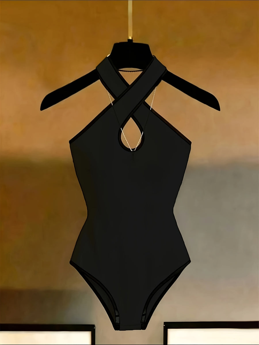 Elegant and Exquisite Women's Cross-Back Halter Ribbed Bodysuit, a Fashionable, Sexy,, and Figure-Flattering Piece Suitable for Parties, Nightclubs, Dates, Vacations, and Beach Outfits - Black