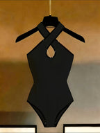 Elegant and Exquisite Women's Cross-Back Halter Ribbed Bodysuit, a Fashionable, Sexy,, and Figure-Flattering Piece Suitable for Parties, Nightclubs, Dates, Vacations, and Beach Outfits - Black