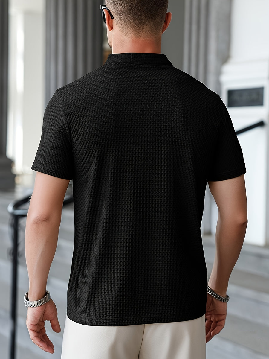 Men'S Waffle Texture Mandarin Collar Polo Shirts, Lightweight Quick-Dry Stretch Short Sleeve Summer Business Casual Tees - Black