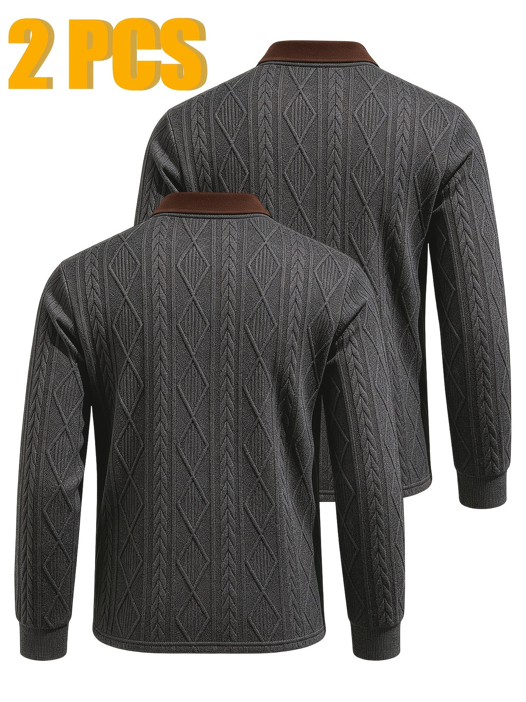 2pcs Men's Fashion Long-Sleeve Polo Shirt | High-End Contrast Color Lapel Jacquard Design T-Shirt | Essential Golf Polo Outfit | Breathable, Warm, Skin-Friendly, and Comfortable | for Indoor Gatherings and Outdoor Sports | Wardrobe Essential Casual - Gray + Gray