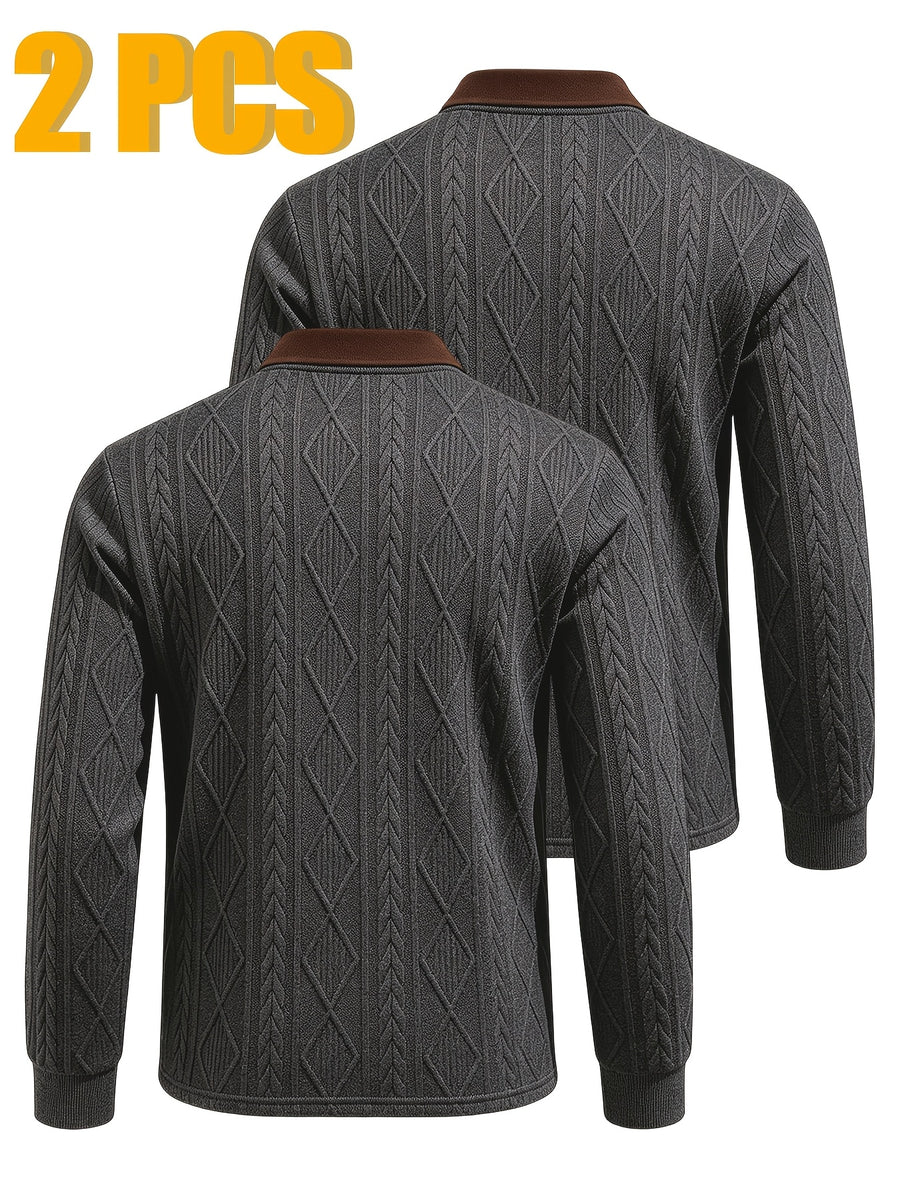 2pcs Men's Fashion Long-Sleeve Polo Shirt | High-End Contrast Color Lapel Jacquard Design T-Shirt | Essential Golf Polo Outfit | Breathable, Warm, Skin-Friendly, and Comfortable | for Indoor Gatherings and Outdoor Sports | Wardrobe Essential Casual - Gray + Gray