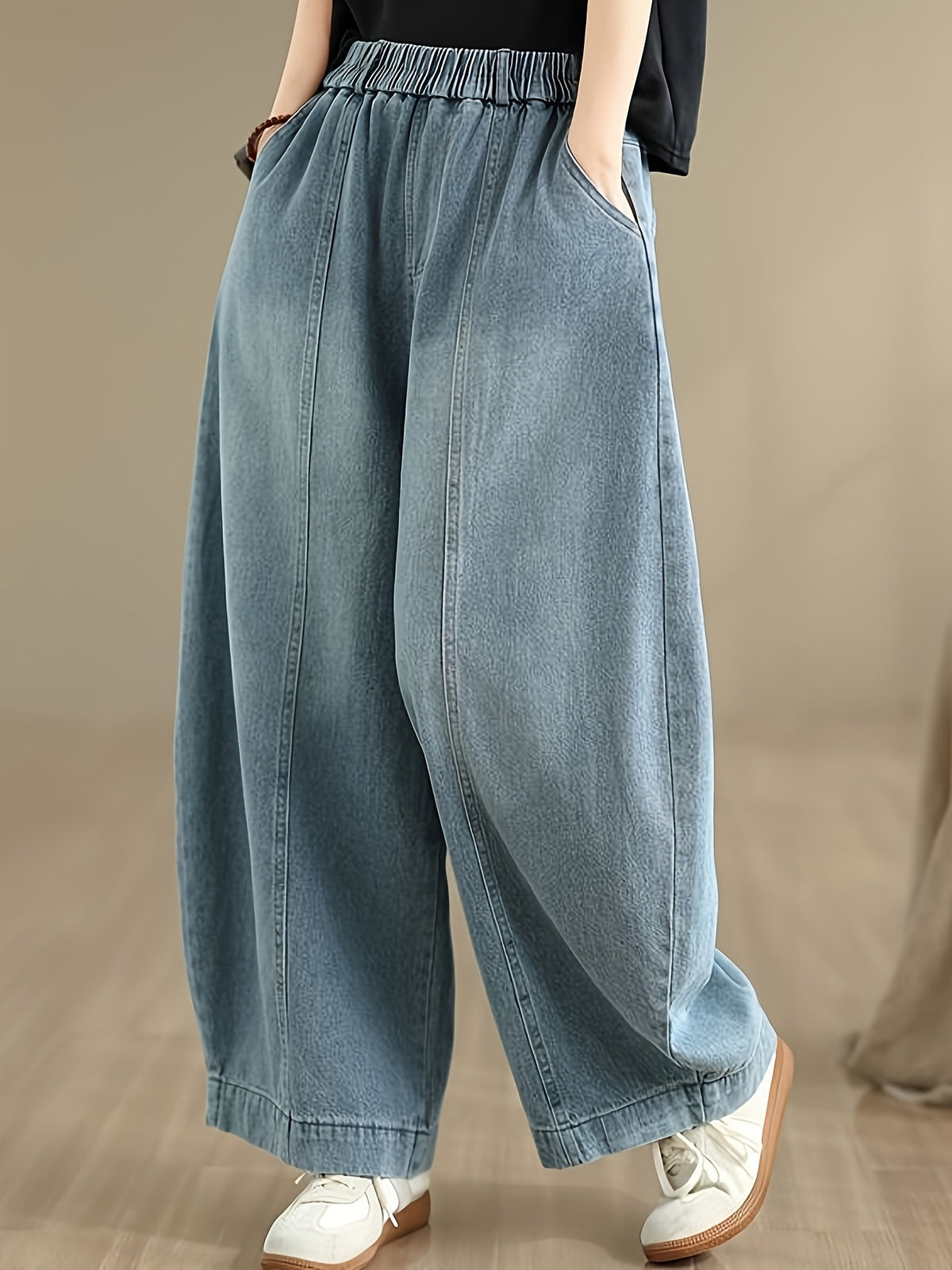 Women'S Minimalist Denim Harem Pants, Elastic Waist Plus Size, Loose Slim-Fit Casual Wide Leg Jeans - Light Cyan