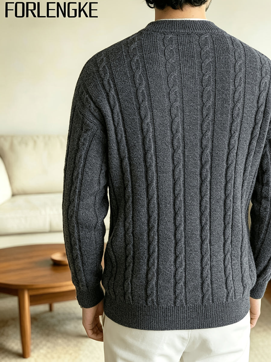 FORLENGKE 2026 New Men's Business Casual Crew Neck Cable Knit Sweater, Soft Warm Long Sleeve Pullover for Fall Winter Office Daily Wear - Grey