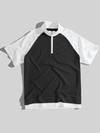 Men's New Summer Waffle Knit POLO Shirt, Casual Loose Fit Breathable Short Sleeve Zipper Half-Open Placket Color Block Patchwork Top with Raglan Sleeves, 2-in-1 Look T-shirt - Black