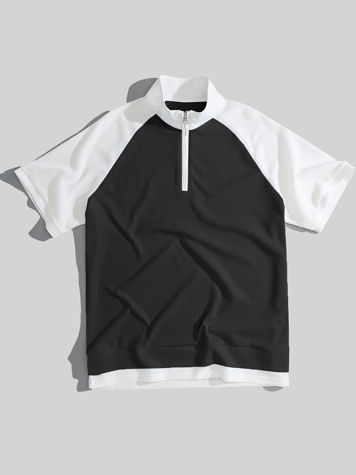 Men's New Summer Waffle Knit POLO Shirt, Casual Loose Fit Breathable Short Sleeve Zipper Half-Open Placket Color Block Patchwork Top with Raglan Sleeves, 2-in-1 Look T-shirt - Black