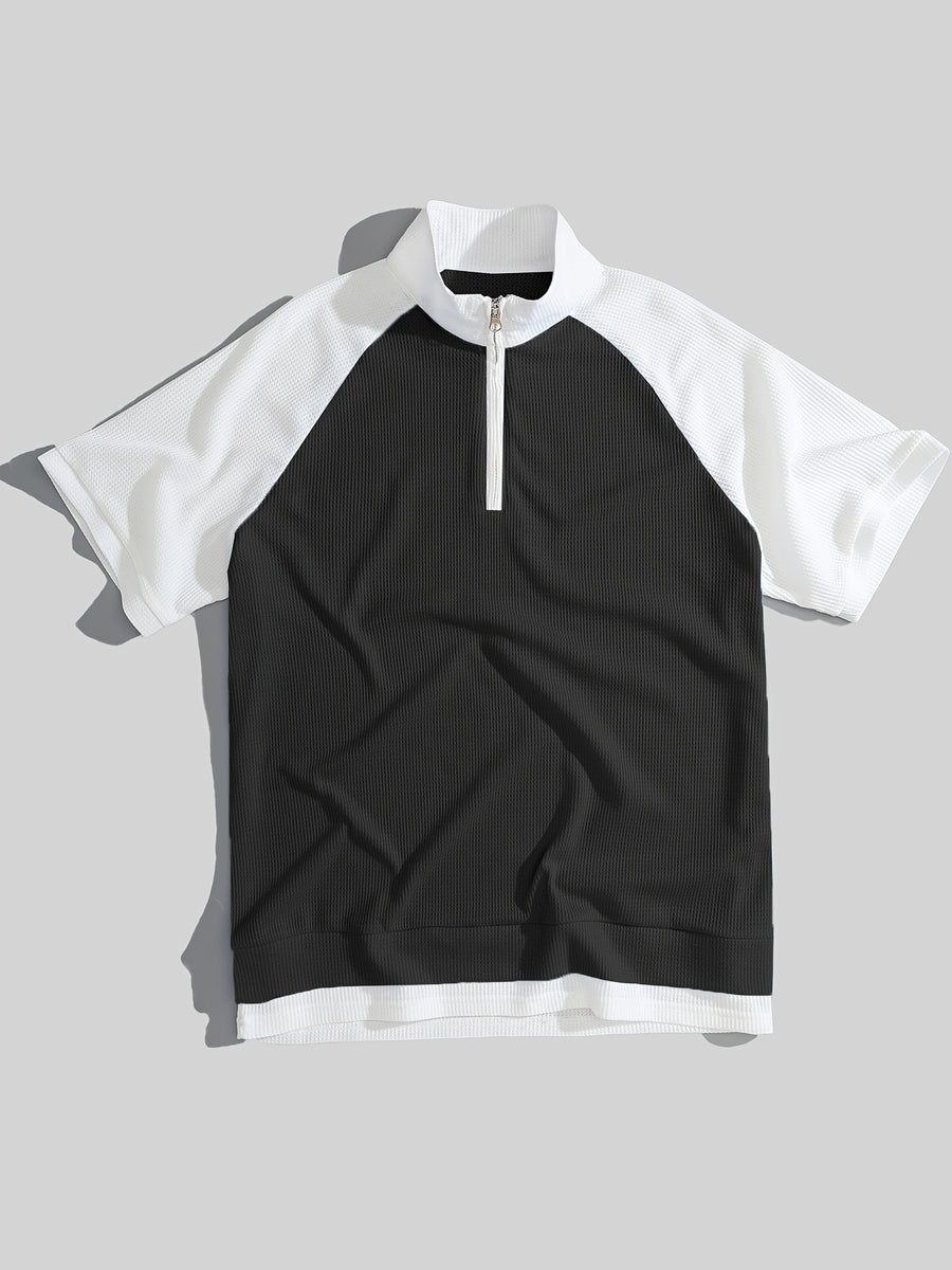 Men's New Summer Waffle Knit POLO Shirt, Casual Loose Fit Breathable Short Sleeve Zipper Half-Open Placket Color Block Patchwork Top with Raglan Sleeves, 2-in-1 Look T-shirt - Black