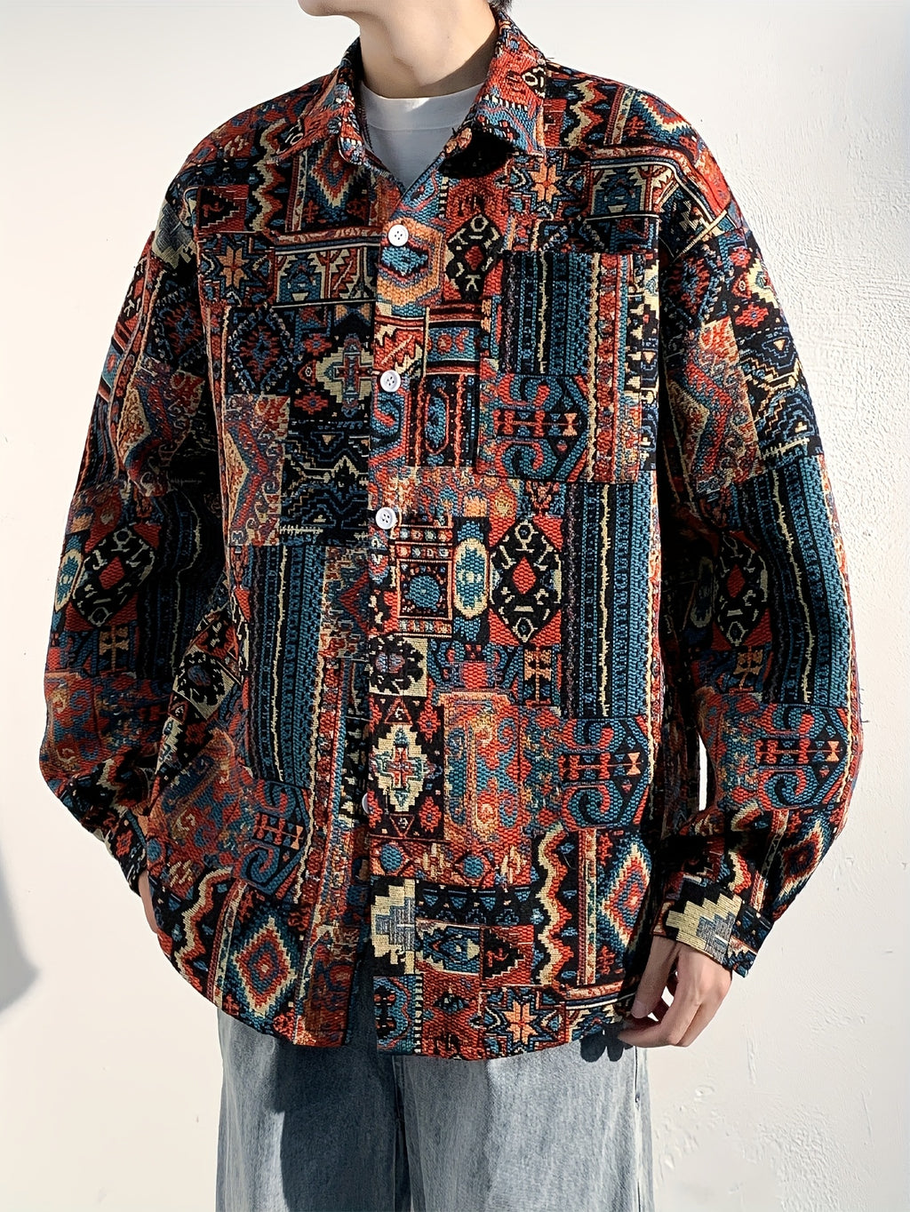 Men'S Sportswear Button-Up Shirt, a Stylish Casual Ethnic Long-Sleeve Shirt Jacket for Men, Made of Thick Composite Fabric, Featuring a Loose Fit, Perfect for Everyday Casual Wear - Red