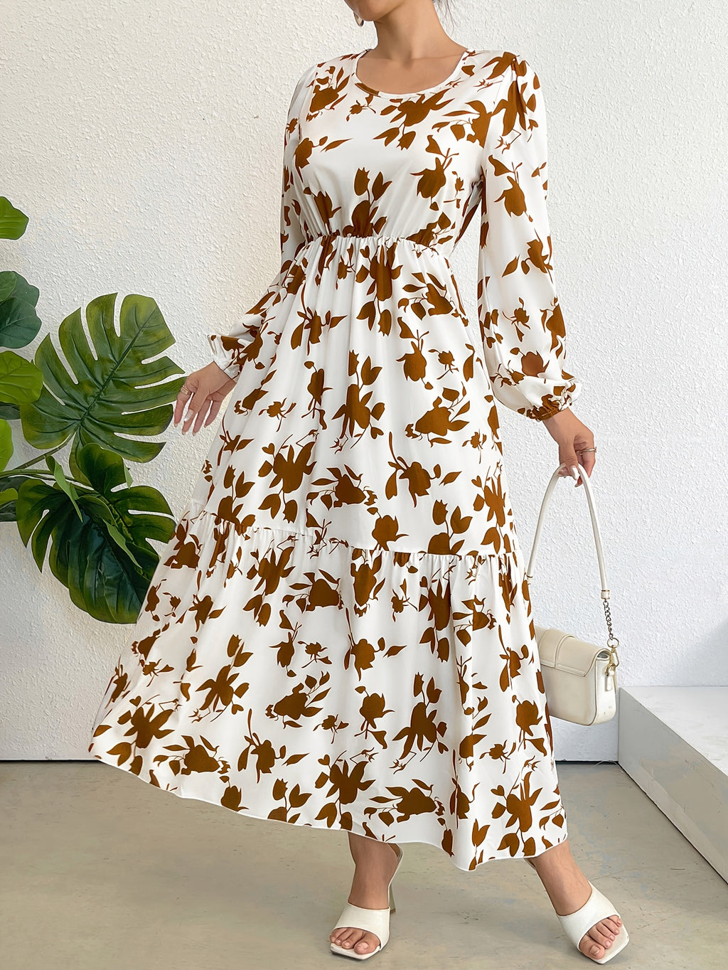 Women'S Vintage Floral Midi Dress, Long Sleeve Round Neck Cinched Waist A-Line Skirt, Casual Daily Vacation Wear - White