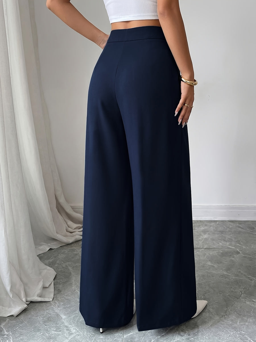 Women's New High Waisted Blue Straight Leg Pants with a Single Breasted Front, Simple, Elegant and Fashionable Pants - Blue