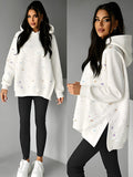 New Women'S Hooded Sweatshirt, Side Cutout Design, Fun Pattern, Comfortable Fit, Suitable for Autumn And Winter, Polka Dot Printed Hooded Sweatshirt Women'S Side Slit Irregular Hem American Casual Loose Drop Shoulder Long Sleeve Top - Mixed colors