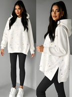 New Women'S Hooded Sweatshirt, Side Cutout Design, Fun Pattern, Comfortable Fit, Suitable for Autumn And Winter, Polka Dot Printed Hooded Sweatshirt Women'S Side Slit Irregular Hem American Casual Loose Drop Shoulder Long Sleeve Top - Mixed colors