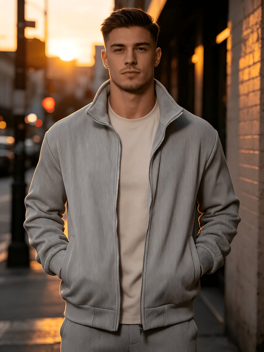 Men's Corduroy Full-Zip Stand Collar Jacket, Soft Vertical Rib Texture Corduroy Casual Full-Zip Outerwear, Ribbed Cuffs and Hem, Side Insert Pockets, Loose Fit Cut, Lightweight and Warm Jacket, Suitable for Autumn/Winter Daily Wear, Street Outings - Space Gray