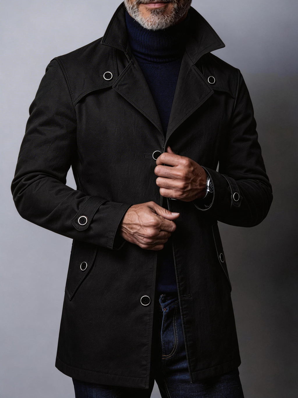 Men'S New Spring/Autumn Season Western Mature Stable Men'S Commute Fashion Trendy Meeting Solid Color Casual Durable Wear-Resistant Design Style Trench Coat Versatile Top Texture - Black