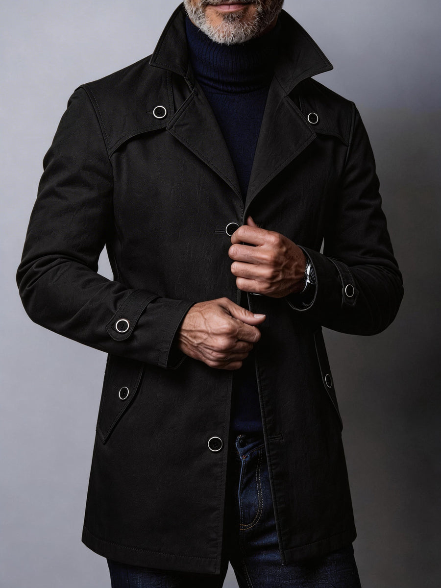 Men'S New Spring/Autumn Season Western Mature Stable Men'S Commute Fashion Trendy Meeting Solid Color Casual Durable Wear-Resistant Design Style Trench Coat Versatile Top Texture - Black