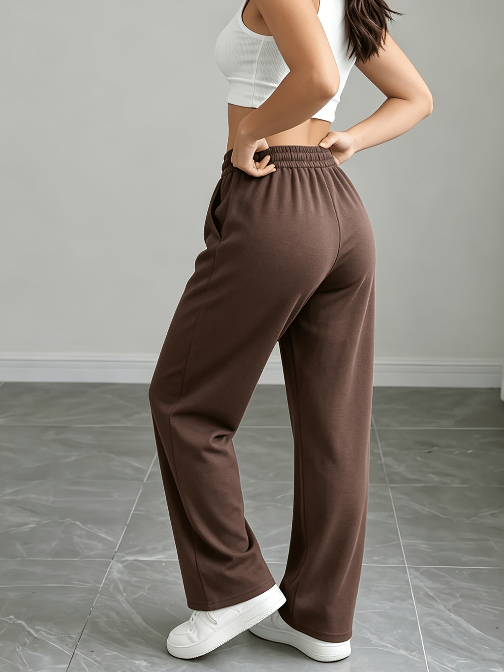 Women's Long Pants, Spring/Autumn Style, Fit Casual Sweatpants, Loose American-Style Straight-Leg Trousers for Women - Coffee Color