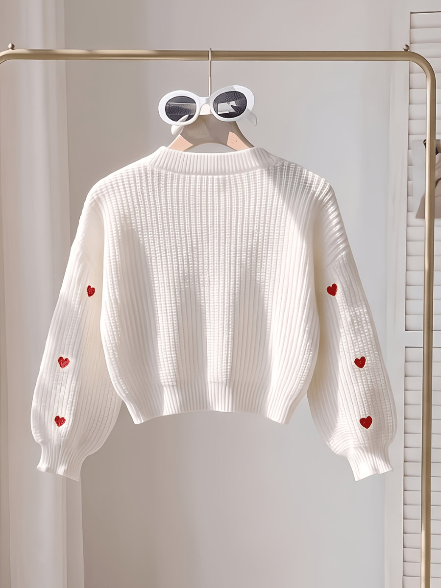 Women's Cardigan with Embroidered Heart, Contrast Color Pattern, V-Neck, Cropped Style, Button-Up Outerwear; Red Cropped Cardigan with Heart Embroidery, Long Sleeves, V-Neck, Versatile Girly Style Jacket Top - White