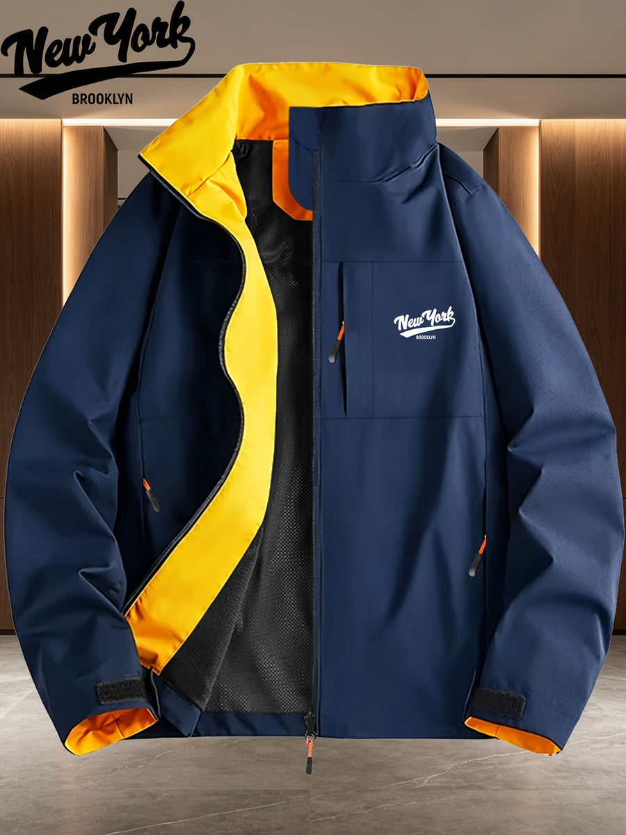 New York Brooklyn Handwritten Letter Print Navy Blue Lined Stand Collar Windproof Jacket for Men and Women, Spring/Autumn White Multi-Pocket Outdoor Windbreaker - Navy Color