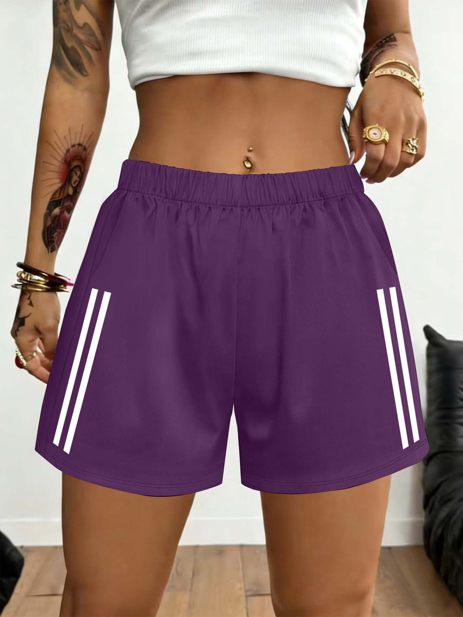 2026 Spring/Summer New Women'S Bottoms Minimalist Fashion White Striped Print Light Daily Home Leisure Comfortable Elastic Waist Shorts with Pockets on Both Sides - Purple
