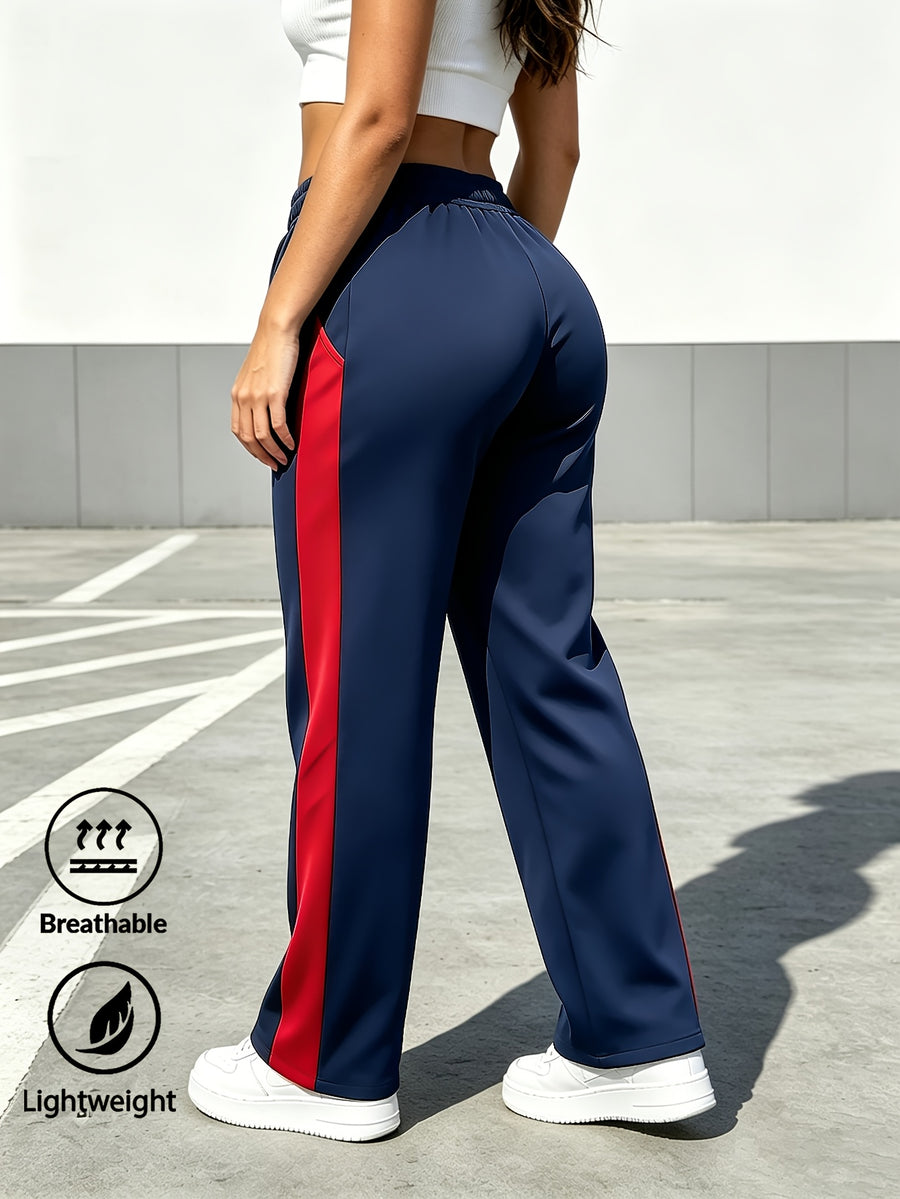 Trendy Fashion Women'S New Casual Thin Long Pants, Color-Block Patchwork with Elastic Waist And Adjustable Drawstring, Embroidered Logo, Suitable for Spring/Autumn Outdoor Leisure Or Daily Commute And Various Parties - Blue