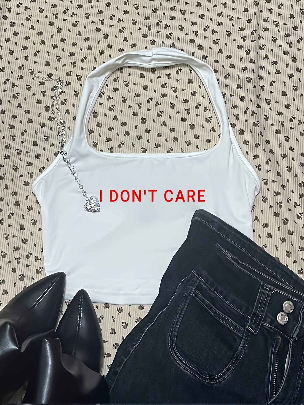 Casual Slim Slogan Print Short Tank Top for Summer Holidays I DON'T CARE - White