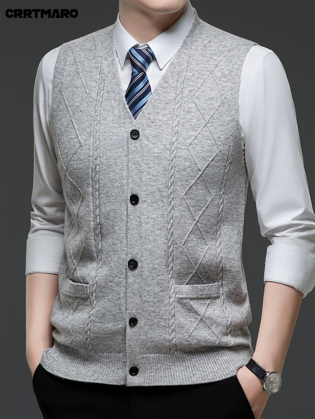 Men's Jacquard, Solid Color Knit Cardigan, Warm Casual Layering Top for Fall and Winter - Light Grey
