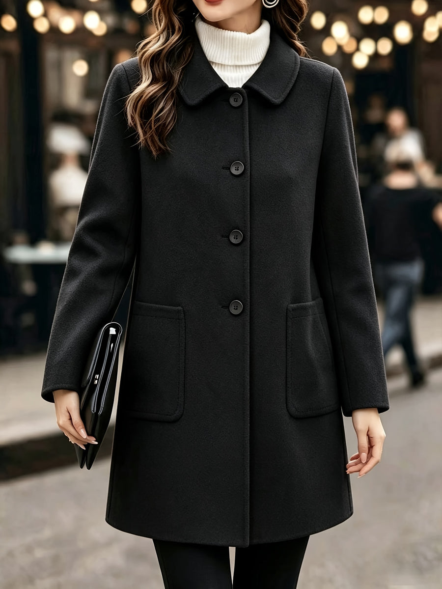 Women'S Spring Autumn Single Button Faux Wool Coat Solid Color Lapel Mid-Length Dress Coat - Black