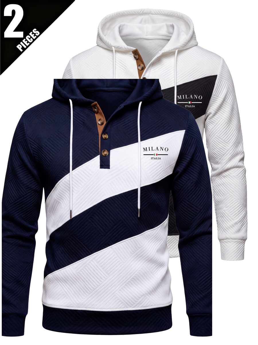 2pcs Men'S Patchwork Fashion Hoodie Set, Textured Color-Block Zipper Print Long Sleeve Hoodie, Regular Fit Street Casual Daily Outing - White+Navy Blue