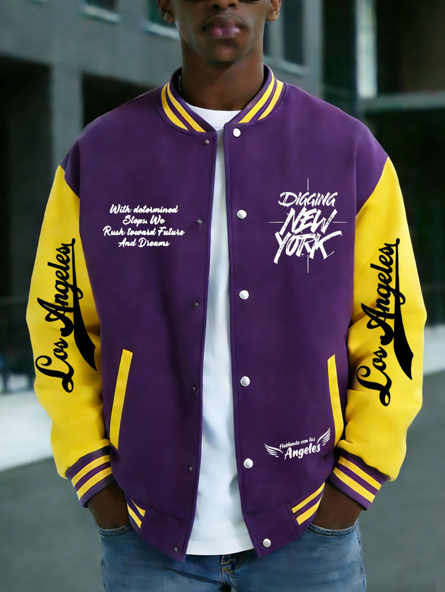 Men's Essential New Baseball Jacket: Color-Block Varsity Style New York Los Angeles Series Printed Jacket - Polyester, Baseball Collar, Pockets - 8 Colors Available for All Seasons, Versatile Fashion for Parties, Outings, and Outdoor Sports - Purple