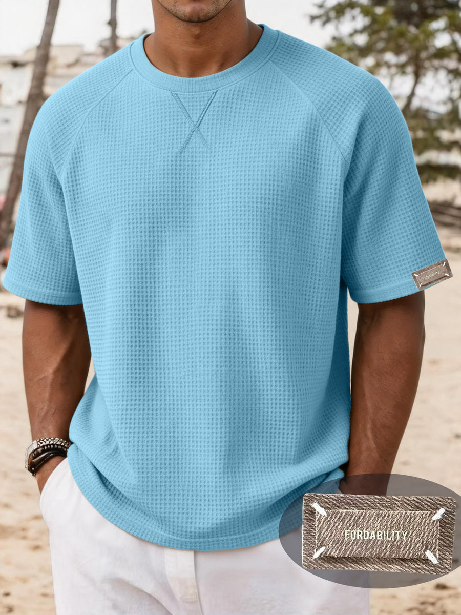Men's Lightweight Waffle Knit Short Sleeve Shirt, Casual Crew Neck Textured T Shirt with Relaxed Fit Design, Breathable Comfortable Summer Pullover Top for Beach Vacation, Travel, Camping, Outdoor Sports and Casual Attire - Light Blue