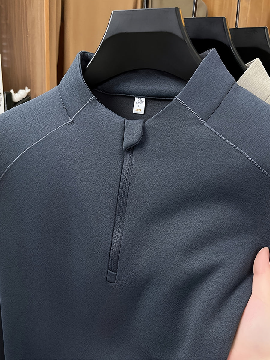 Men's Stand Collar Half-Zip Long Sleeve Base Layer, Raglan Sleeve Cut, Minimalist Business Casual Functional Style Warm Top - SINBOS - Dark Gray