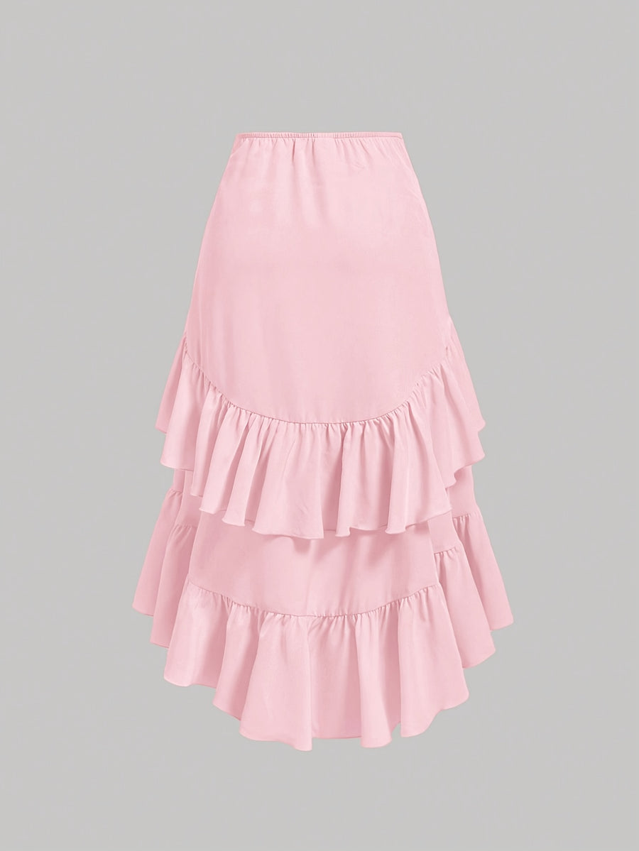 New Fashion Asymmetrical Pleated Hem Design Multi-layered Women's Skirt - Pink Color