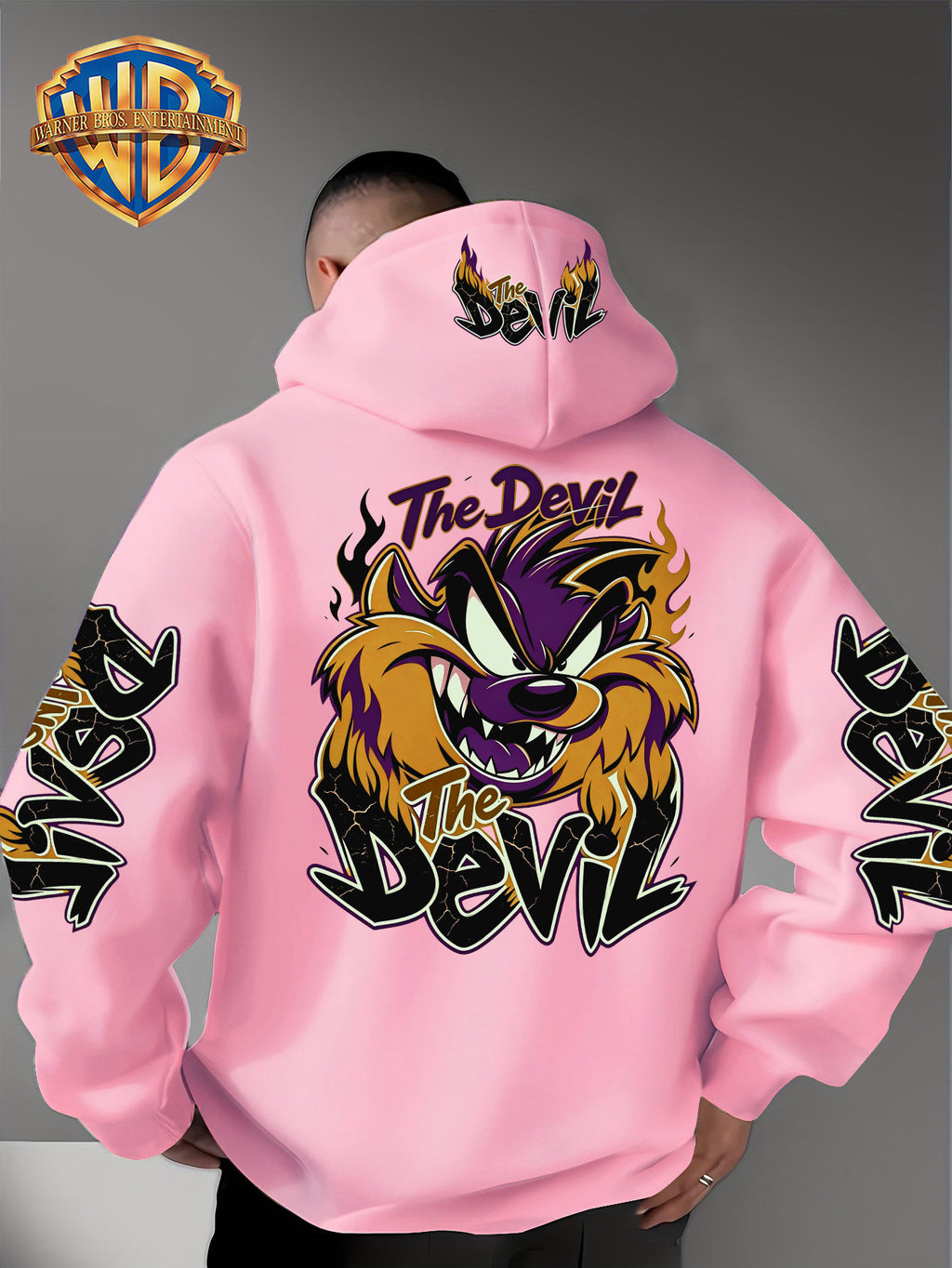 Le Yitong Big Mouth Monster The Devil Flame Print Hooded Sweatshirt, with Sleeve Print Design, Kangaroo Pouch And Drawstring Hood, Suitable for Autumn/Winter Casual Wear And Outdoor Activities - Pink Color