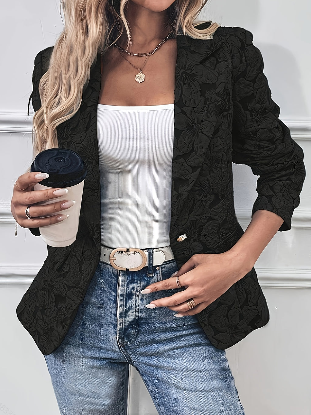 Fashionable Women's Suit Jacket, Stylish Slim-Fit Floral Single-Breasted Casual Blazer - Black