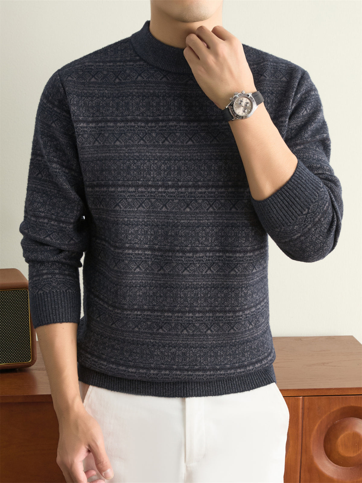 Autumn Winter Knit 3D Solid Round Neck Sweater, Basic Knit Pullover Top for Men, Fashionable Long Sleeve Sweater, Size Y - Black Gray