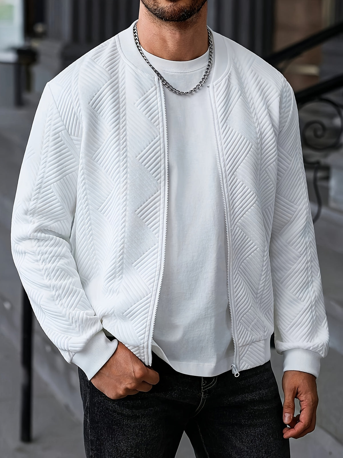 Casual Cool Men'S Casual Zipper Baseball Collar Jacket, White Autumn Street Style, Urban Casual, Solid Color Long Sleeve Top, Retro Style Casual Wear, Outdoor Use - White