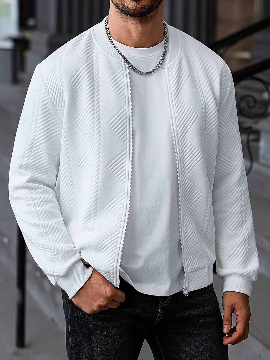 Casual Cool Men'S Casual Zipper Baseball Collar Jacket, White Autumn Street Style, Urban Casual, Solid Color Long Sleeve Top, Retro Style Casual Wear, Outdoor Use - White