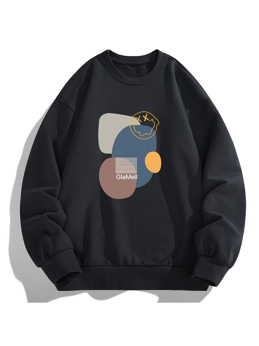 Men's Crew Neck Sweatshirt, Abstract Geometric Color Block Print Pullover Top, Youth Loose Casual Versatile LongSleeve Base Shirt - Black