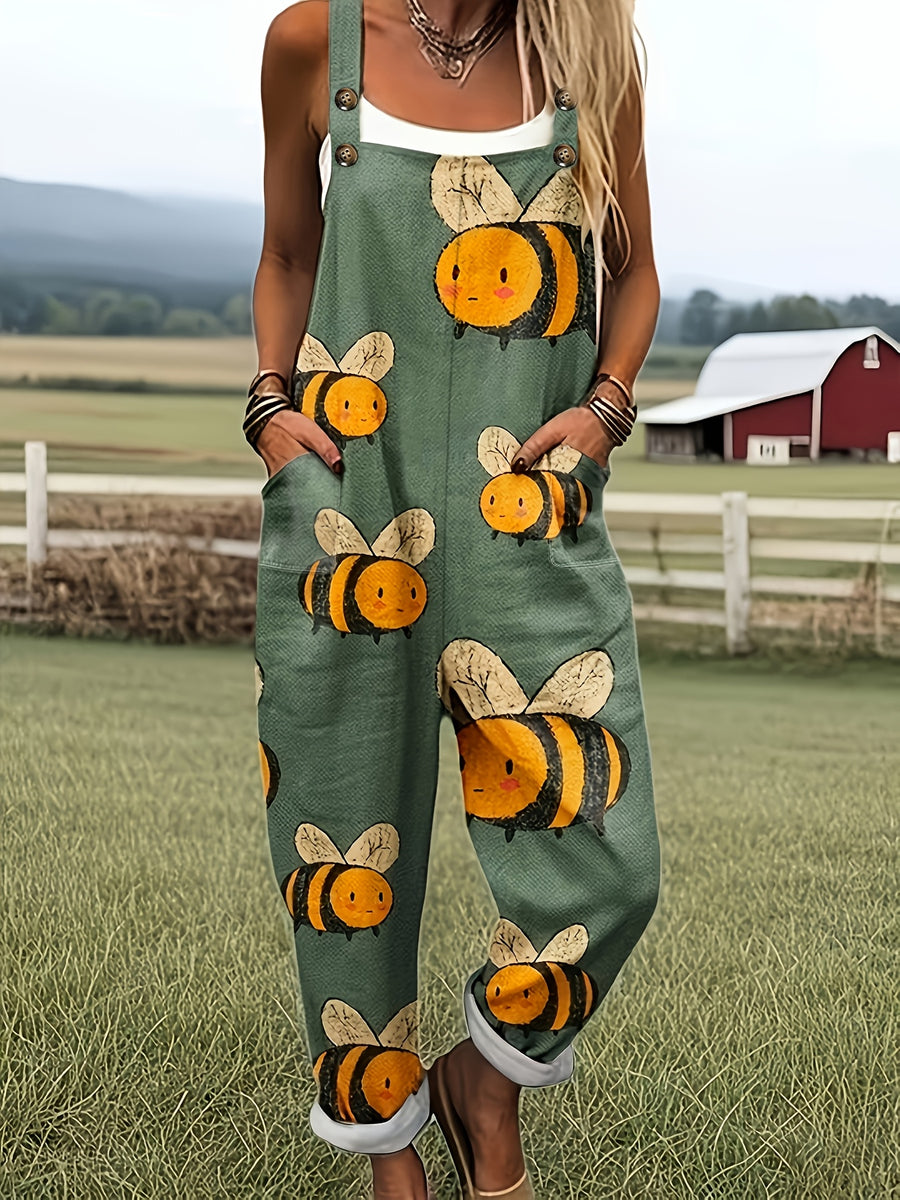 Green Jumpsuit with Cartoon Bee Pattern - 0578 - Multicolor