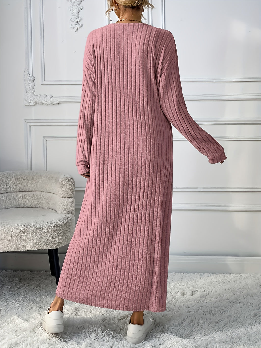 Chic + Long Sleeve Knitted Cardigan and Sleeveless Dress Set - Peach