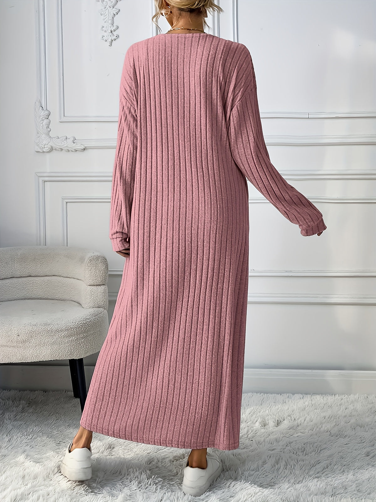 Chic + Long Sleeve Knitted Cardigan and Sleeveless Dress Set - Peach